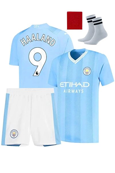 yenteks HAALAND Manchester CITY ÇOÇUK FUTBOL FORMASI 4 LÜ SET BİLEKLİK ÇORAP HEDİYE Spor T-Shirt 4