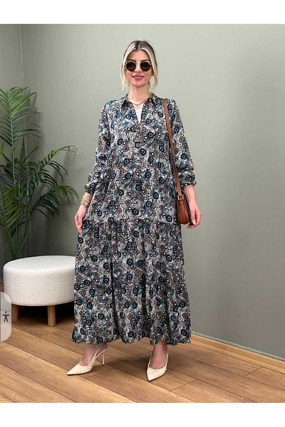 Freeista Turquoise Hijab Dress, Buttoned Long Model