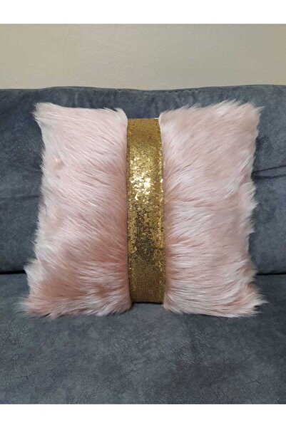 YILMAZHOME Плюшевий чохол для подушки з стрічкою - (пудровий плюш-золота стрі...