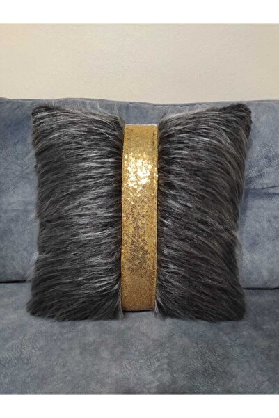 YILMAZHOME غطاء وسادة مخطط من القطيفة (مع شريط ذهبي أنثراسايت)