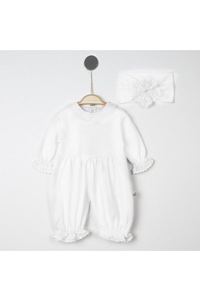 Minimus Baby Newborn Baby Girl Hospital Discharge 100% Cotton Lace Collar Bandana Baggy Cut Jumpsuit Set