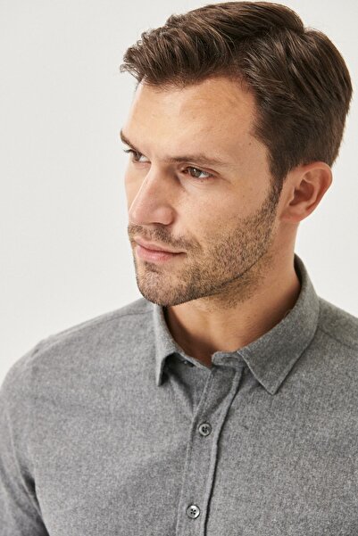 AC&Co / Altınyıldız Classics Erkek Koyu Gri Flanel Oxford Kışlık Slim Fit Dar Kesim Düğmeli Yaka Gömlek