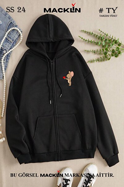 macklin Hanorac cu glugă florală Tom și Jerry Dear, cu imprimeu cu fermoar, d...