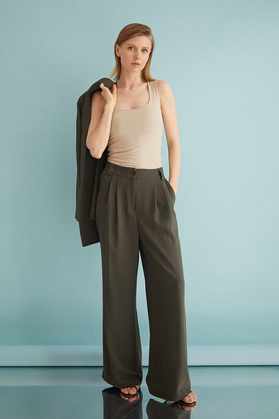 Nurs Khaki Colored Crepe Palazzo Trousers