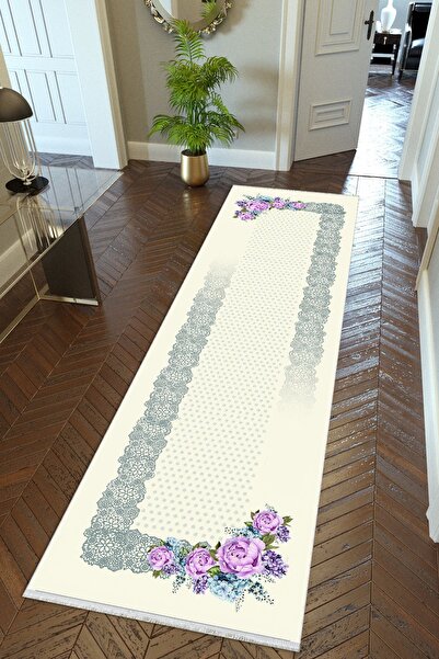 10 Post Online Ecru Gray Cream Non-Slip Based - Washable Cut Digital Printed Hallway Carpet