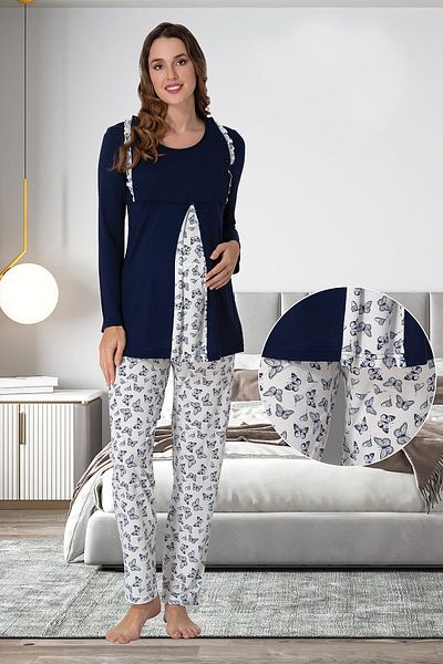 lohusahamile Navy Blue Maternity Pajama Set - Breastfeeding Feature and Butterfly Detail