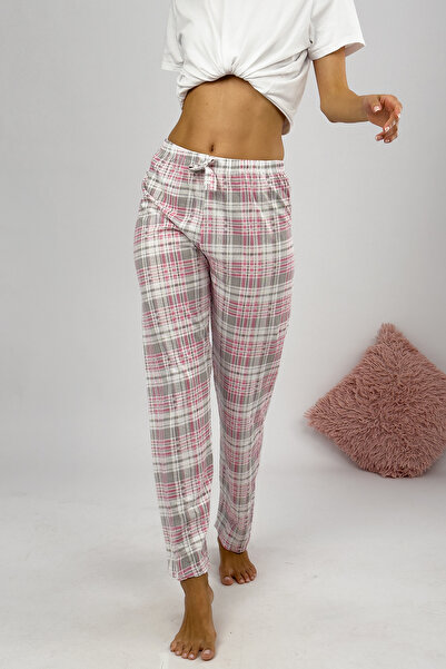 Betimoda Pantaloni de pijama de damă cu panglică alb roz gri pătrat