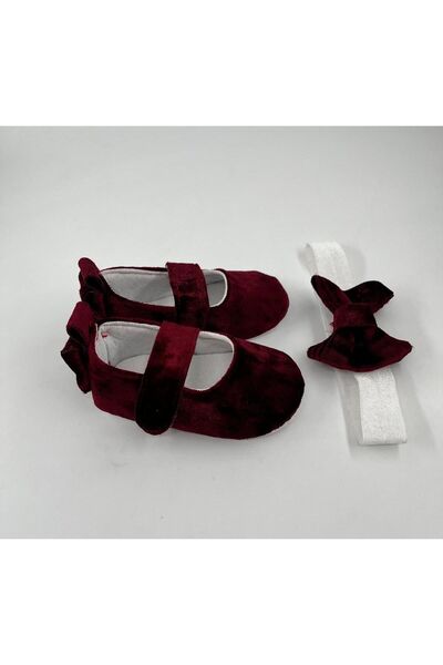 Babytor SARA Bordo Kadife Bebek Ayakkabısı ve Bandana