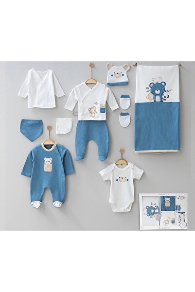 Cherub Baby Waffle Kumaş Ayıcık Baskılı %100 Pamuk Yenidoğan Erkek Bebek 10 Parça Hastane Çıkışı Zıbın Seti