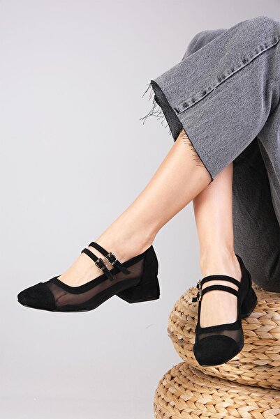 Mio Gusto Isabel Black Color Suede Blunt Toe Mesh Detailed Women's Short Heeled Shoes