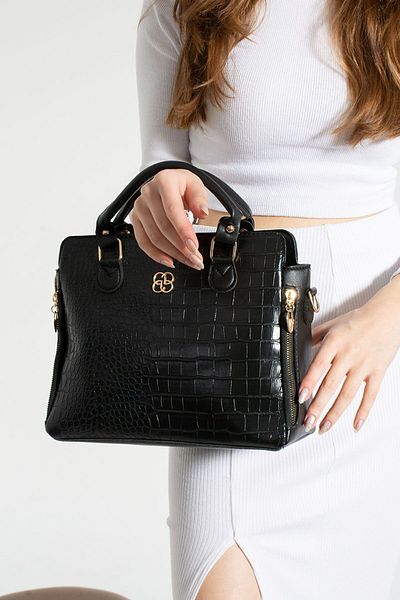Rosmod Women's Black Croco Leather Cat Patterned Zippered Lined Shoulder and Hand Bag
