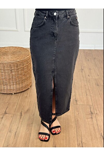 SUDEM BUTİK Μπλε Μίντι Τζιν Φούστα - Γυναικεία Μίντι Φούστα με σκίσιμο