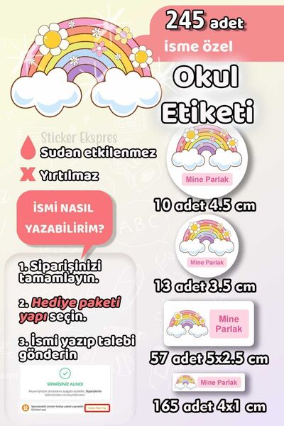 Sticker Ekspres Okul Etiketi Çiçekli Gökkuşağı Kalem Defter Etiketi 245 Adet ...