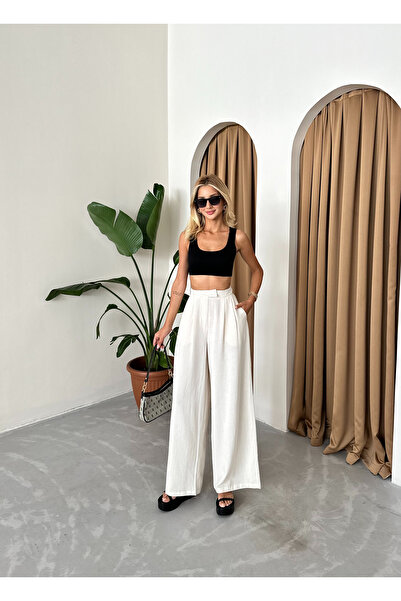 Laluvia Natural %100 Pamuk Yandan Düğmeli Geniş Paça Pantolon 3508