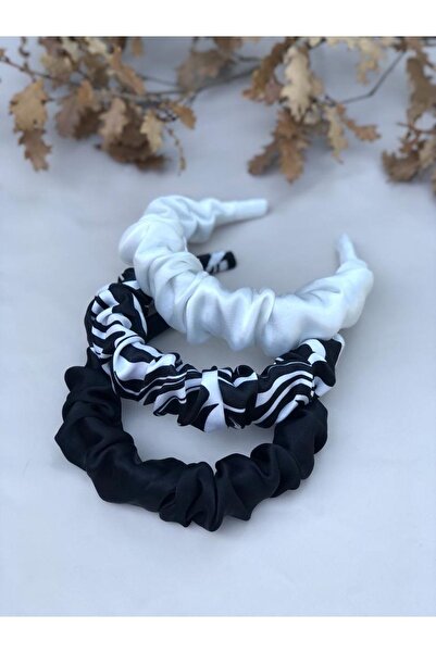 KİKİYS Γυναικείο Μαύρο Λευκό Σατέν Σετ Κορώνα 3 τεμαχίων