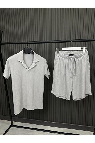 NO 601 Γκρι ζαρωμένο ύφασμα Tiril μπλουζάκι casual loose εφαρμογή με διπλές τσέπες casual τσαλακωμένο ανδρικό σορτς