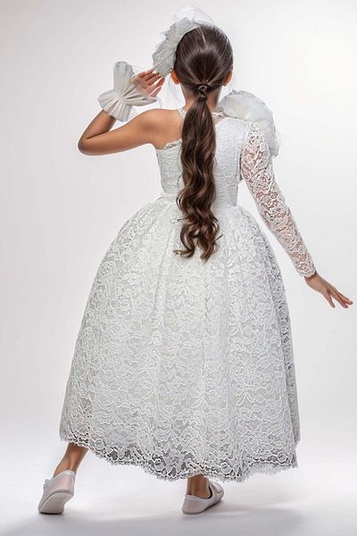 Riccotarz White Single Sleeve Girl's Dress with Flower Brooch and Lace Detail