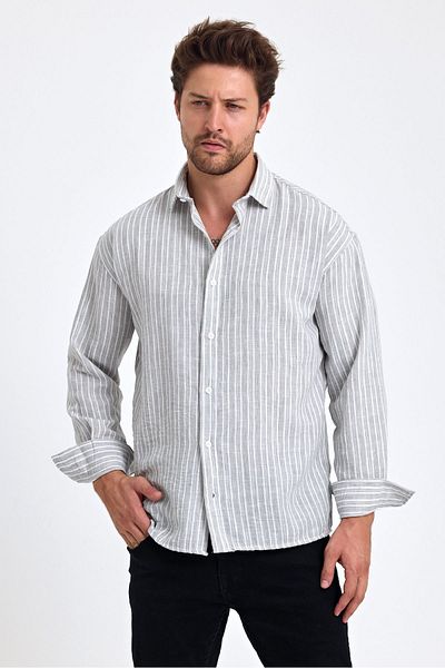 COOL TARZ Ανδρικό ριγέ πουκάμισο Classic Fit - Μακρυμάνικο, 100% Βαμβακερό λινό, Πτυσσόμενο μανίκι