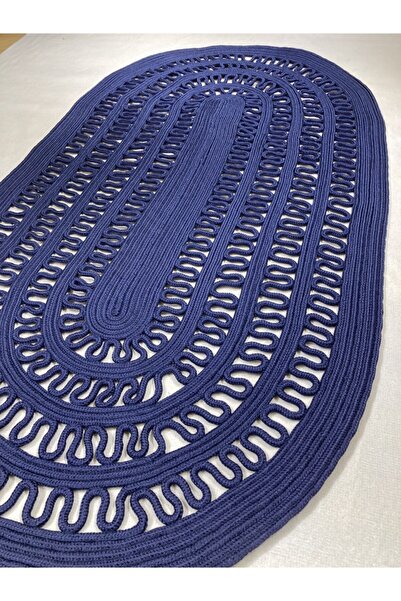 TurQhouse Lacivert Maise Jüt Örme Halı Doğal Hasır Çift Taraflı Tasarım Kilim