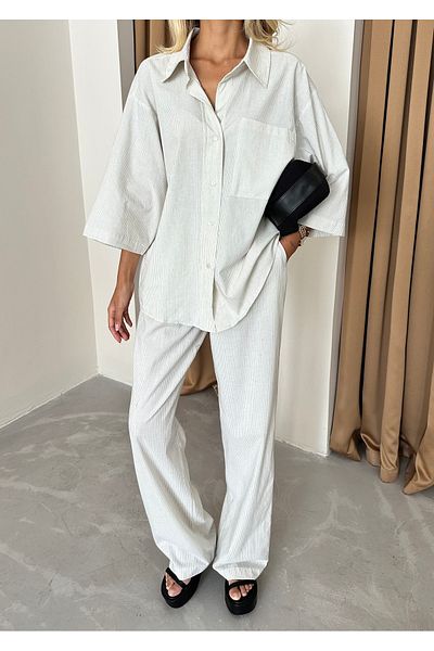 Laluvia Black Striped 100% Cotton Ecru Fakir Sleeve Shirt and Trousers Set