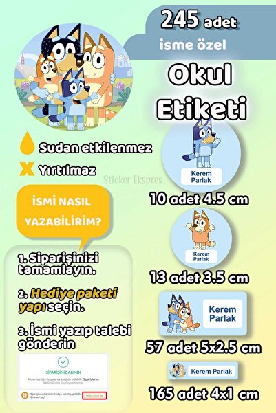 Sticker Ekspres Okul Etiketi Bluey Temalı Kalem Defter Etiketi Özel İsim Yazı...