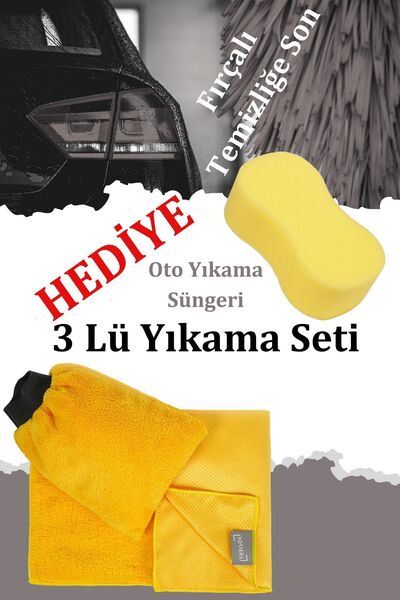 vosvera 3' Lü Sarı Yıkama Seti Araba Yıkama Eldiveni 50x70 Kurulama Havlusu V...