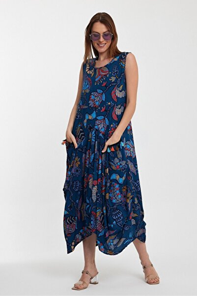 AYASOFYA OTANTIK Kadın Mavi Püsküllü Cep Detaylı Desenli Dokuma Sıfır Kol Etnik Elbise