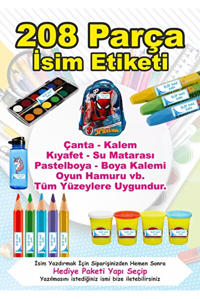 LİPYOS Okul Etiketi Kalem Defter Etiketi Kişye Özel İsim Yazılabilen Etiket 208 Parça