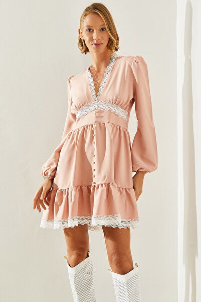 Bianco Lucci Γυναικείο μακρυμάνικο φόρεμα με λαιμόκοψη V με λαιμόκοψη και λεπτομέρεια με κουμπιά - 2295 60251617