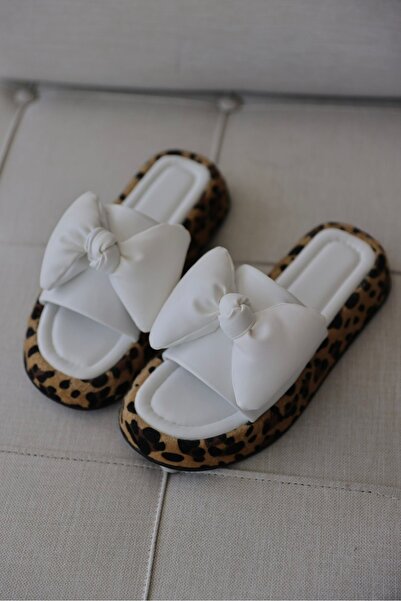 selin shoes Marsha Bow Detailed Leopard Sole Women's Slippers - White