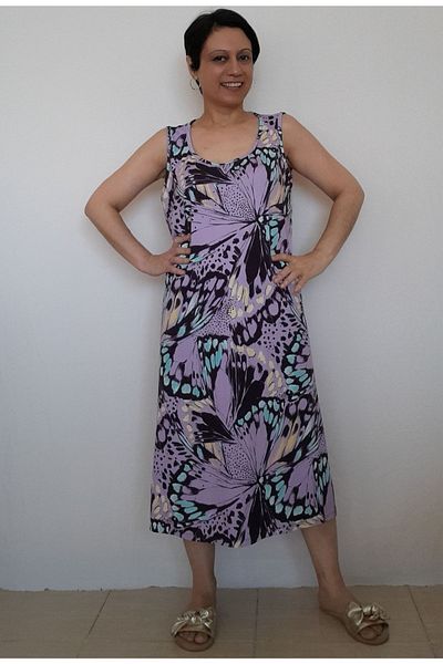 Mertcan Butik Rochie din vascoză din bumbac pieptănat cu model liliac, cu bretele groase