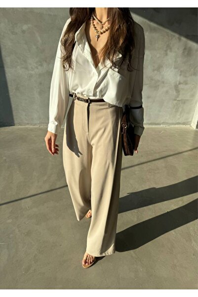 GİRLCAVE Çift Pileli Kumaş Pantolon Taş