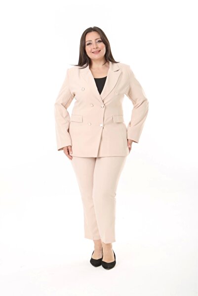 ModaSehle Kadın Büyük Beden Dokuma Atlas Kumaş Pantolon Ceket Takım Elbise 10...