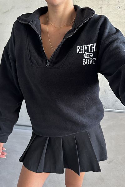 MODAGEN Φούτερ Unisex Μαύρο Κεντημένο γιακά Φλις Φούτερ - Μισό φερμουάρ