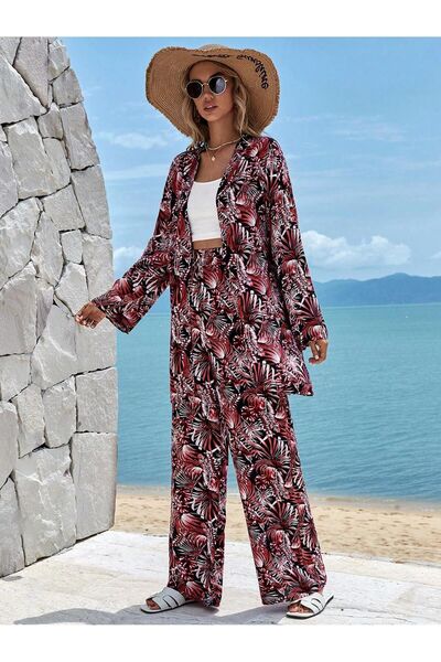 forte bella Red Leaf Patterned Women's Kimono Trousers Set