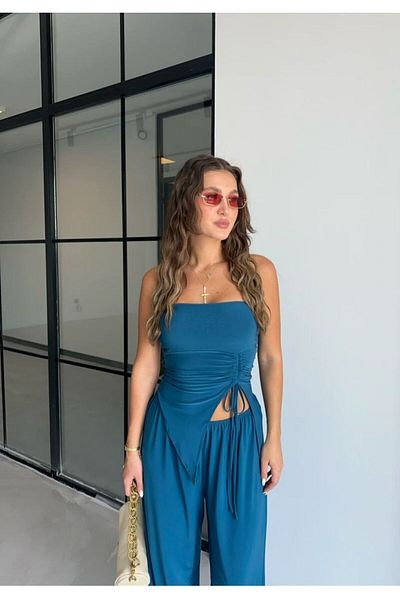 ZF BUTİK Indigoblaues Set aus Bluse und Hose für Damen – trägerlos und mit Kordelzug