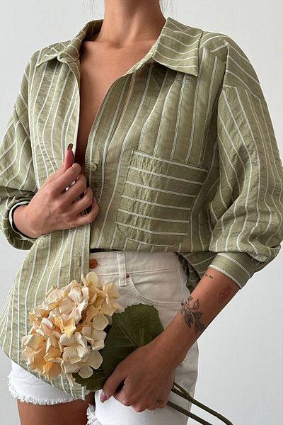 Ortaya Çık Oversize Khaki Shirt - Pocket Detailed