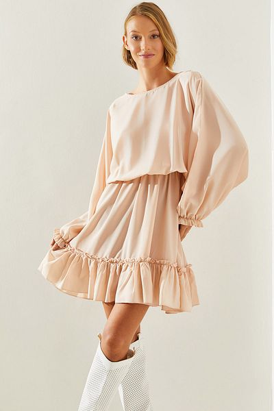 Bianco Lucci Σκάφος λαιμόκοψη RuFFle Φούστα ChiFFon Φόρεμα - Μέση και μανίκι ελαστικό 2292 60251621