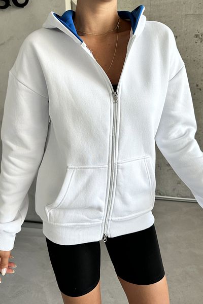 MODAGEN Λευκή Unisex Oversize Ζακέτα με κουκούλα - Διπλό φερμουάρ