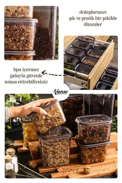 Vienev Set of 4 Peggy Rectangular Storage Containers with Colorful Labels 1x(1500-1150-800-400 Ml) Anthracite