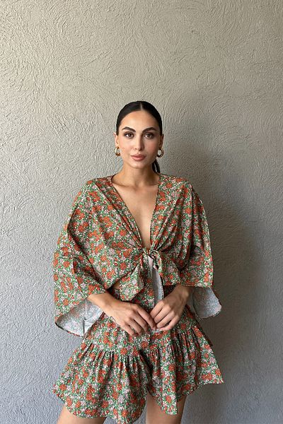 Seda Yalçın Atelier Green Ruffled Skirted Shorts Blouse Set - Tied