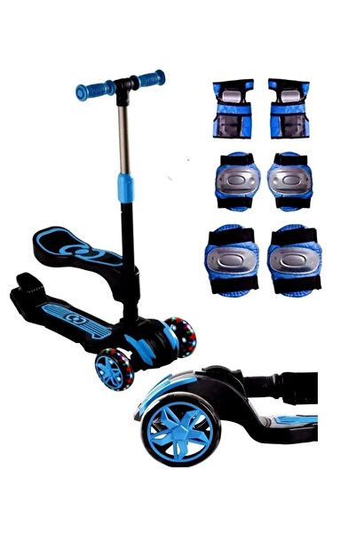 SAZE Mavi Oturaklı 3 Teker Lede Işıklı Scooter Katlanabilir Direksiyon Dızlık Dırseklık Seti Hediye