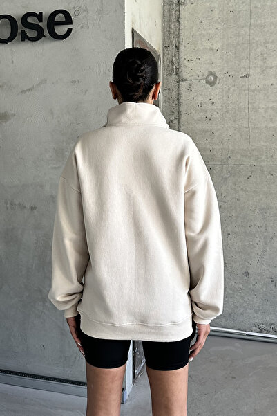 MODAGEN Beige Unisex Oversize Sweatshirt - Stand Collar and Half Zipper