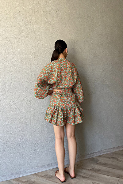 Seda Yalçın Atelier Green Ruffled Skirted Shorts Blouse Set - Tied