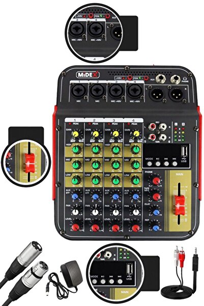 Midex Mdx-04fxu Ses Mikseri Stüdyo Kayıt Için 5 Kanal Ses Kartlı 48v Phantomlu Kayıt Mikseri