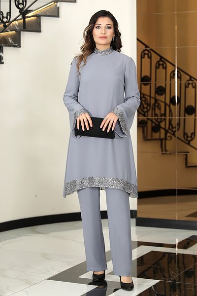 TESETTÜR TASARIM Double Chiffon Set - Sequin Detailed Tunic and Trousers
