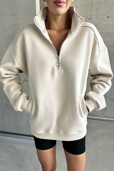 MODAGEN Beige Unisex Oversize Sweatshirt - Stand Collar and Half Zipper