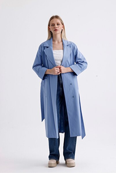 DOLCEBELLA Kadın Mavi Kruvaze Uzun Trençkot