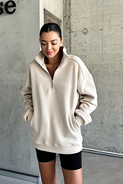 MODAGEN Beige Unisex Oversize Sweatshirt - Stand Collar and Half Zipper