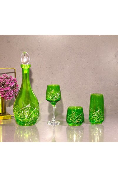 sudeka 37 Parça 12 Kişilik Yaprak El Dekor Kristal Kesme  Renkli Cam Su Takımı